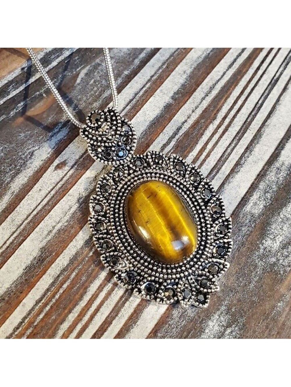 Victorian Necklace Silver Tigers Eye Gemstone